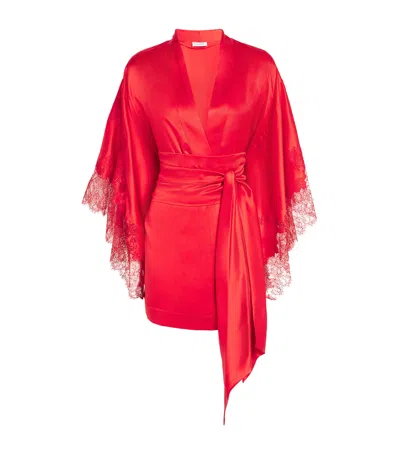 Carine Gilson Silk Lace-trim Robe In Red