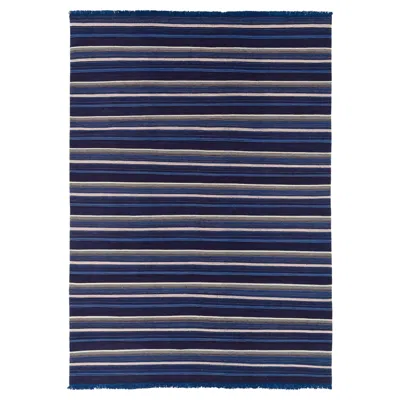 Pre-owned Carini Carpets Indigo Blue Striped Wool Thin Flat Weave Modern Area Rug Paros By Joseph Carini