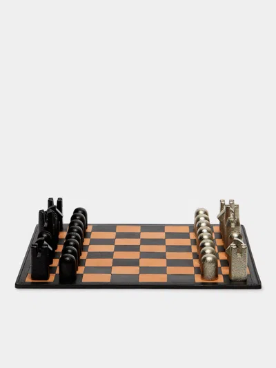 Carl Aubock Leather And Nickel Chess Set Carl Auböck Abask Gift Set In Brown
