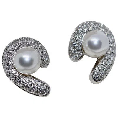 Pre-owned Carl F Bucherer 18 Karat White Gold Pearl Ear Clips, Earrings With Diamonds, By Carl. Bucherer