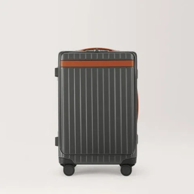 CARL FRIEDRIK FRONT POCKET CARRY-ON LUGGAGE - HARD CASE IN POLYCARBONATE AND ALUMINIUM - GRAY / COGNAC BROWN