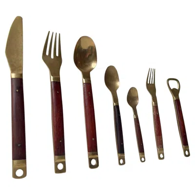 Pre-owned Carl M. Cohr Vintage Danish Modern Brass & Teak Cutlery Set By Carl Cohr, 1960s, 12 Persons In Brown
