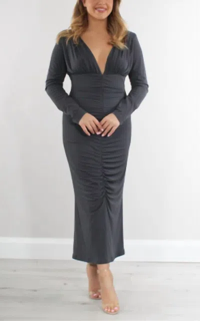Carla Ruiz Vneck Ruched Dress In Grey In Gray