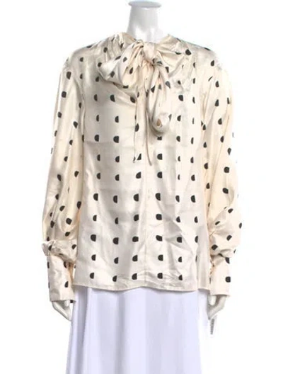 Pre-owned Carla Zampatti Polka Dot Print Tie Neck Blouse In Neutrals