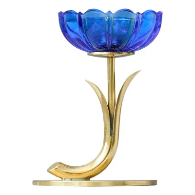 Pre-owned Carl-einar Borgstrom Brass & Glass Candlestick By Gunnar Ander For Ystad Metall, Sweden, 1950s In Blue