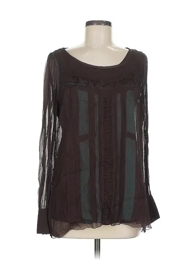 Pre-owned Carlisle Long Sleeve Silk Top Brown Square Neckline Tops