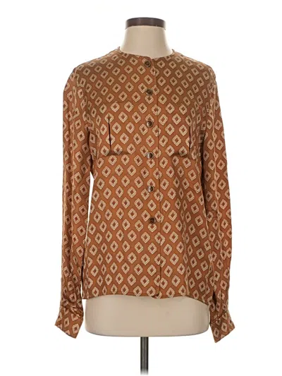 Pre-owned Carlisle Long Sleeve Silk Top Brown Square Neckline Tops