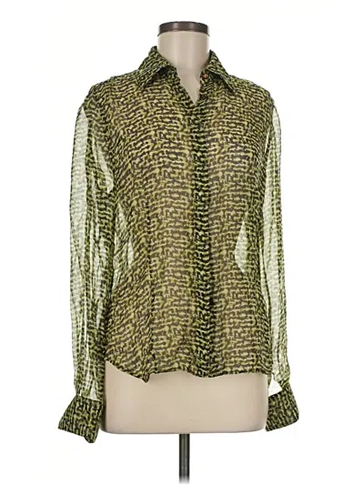 Pre-owned Carlisle Long Sleeve Silk Top Green Animal Print Pattern Tie Neck Tops