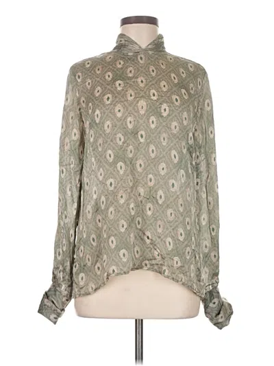 Pre-owned Carlisle Long Sleeve Silk Top Green Mock Neckline Tops