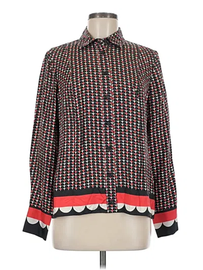 Pre-owned Carlisle Long Sleeve Silk Top Red Houndstooth Pattern Mock Neckline Tops