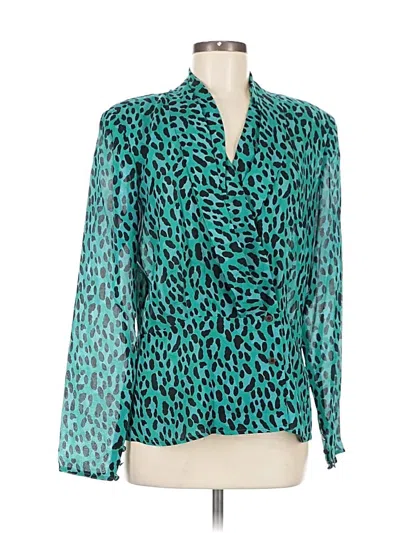 Pre-owned Carlisle Long Sleeve Silk Top Teal Animal Print Pattern Tie Neck Tops In Blue