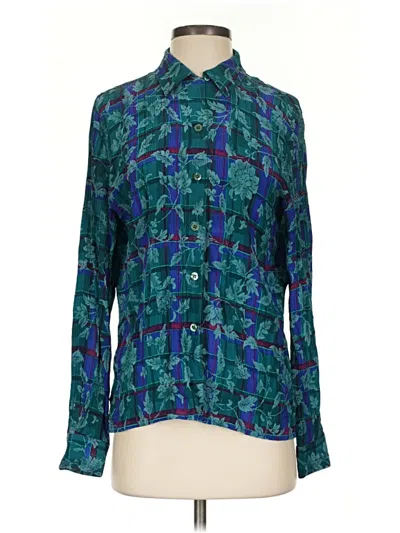 Pre-owned Carlisle Long Sleeve Silk Top Teal Paisley Pattern Collared Neckline Tops