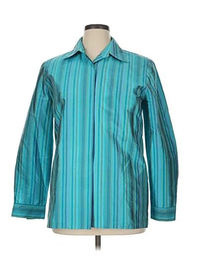 Pre-owned Carlisle Long Sleeve Silk Top Teal Stripes Pattern Collared Neckline Tops