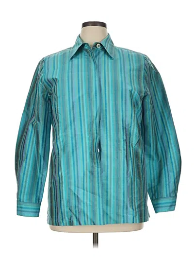 Pre-owned Carlisle Long Sleeve Silk Top Teal Stripes Pattern Collared Neckline Tops