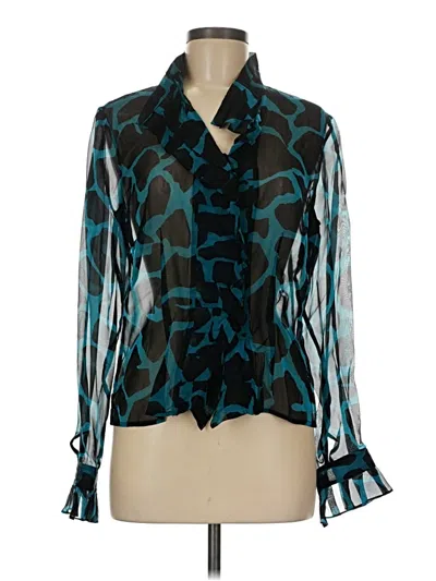 Pre-owned Carlisle Long Sleeve Silk Top Teal Tie Neck Tops In Blue