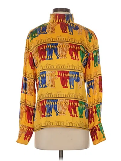 Pre-owned Carlisle Long Sleeve Silk Top Yellow Print Pattern High Neck Tops