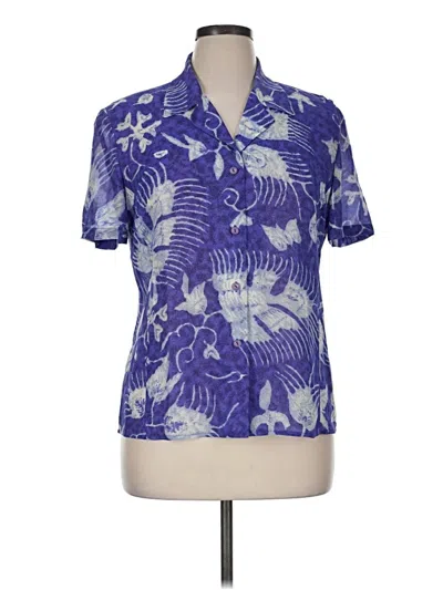 Pre-owned Carlisle Short Sleeve Silk Top Blue Tropical Pattern Collared Neckline Tops