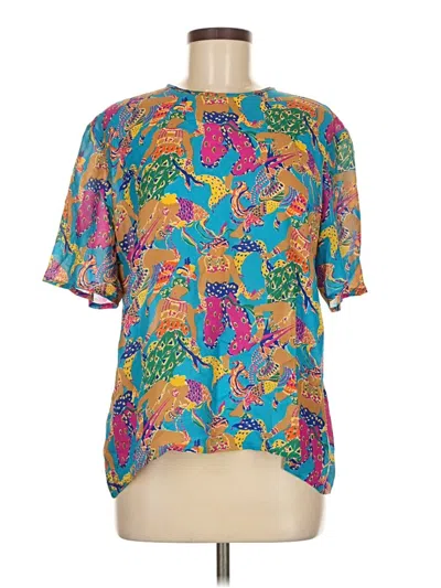 Pre-owned Carlisle Short Sleeve Silk Top Teal Paisley Pattern Mock Neckline Tops In Blue