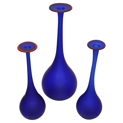 Pre-owned Carlo Moretti 3 Nesting Vases Moretti Style Translucent Blue & Red Satin Glass Bud Vases Italy