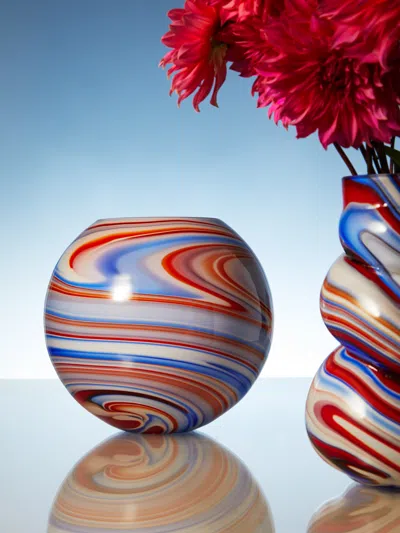 Carlo Moretti Archive Revival Sphere Hand-blown Marbled Murano Glass Vase  Abask Luxury Gift In Multi