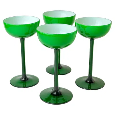 Pre-owned Carlo Moretti Cased Emerald Green Champagne Long Stem Glasses, Set Of 4