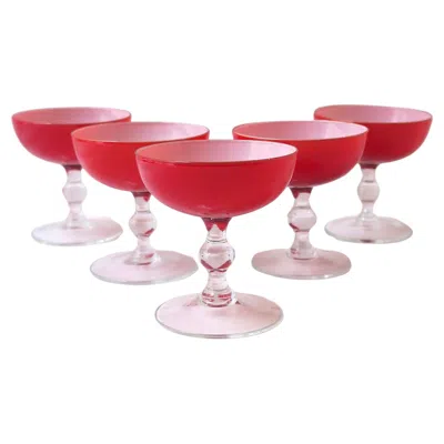 Pre-owned Carlo Moretti Italian Murano Red White Champagne Coupes Glasses By , Mid-20th C