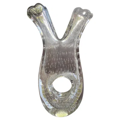 Pre-owned Carlo Moretti Murano Bubbled Glass Vase Transparent With Purple Reflections On Both Necks 1978