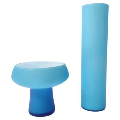 Pre-owned Carlo Moretti Pair Of Cyan Murano Cased Glass Vases By , Italy In Blue