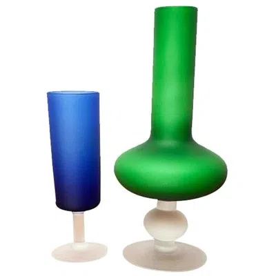 Pre-owned Carlo Moretti Set Of 2 Italian Satinato Series Vase And Glass Attributed To , 70s In Blue