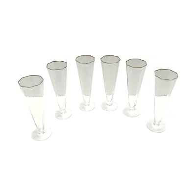 Pre-owned Carlo Moretti Set Of Six Octagonal Hand Blown Murano Glass Flutes By , Italy In Gold