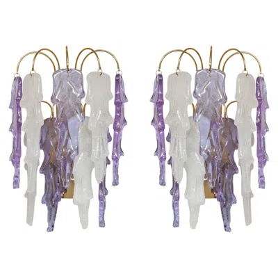 Pre-owned Carlo Nason 1970s Mazzega Italian Murano Glass Wall Sconces With Amethyst And Frost Glass In Purple
