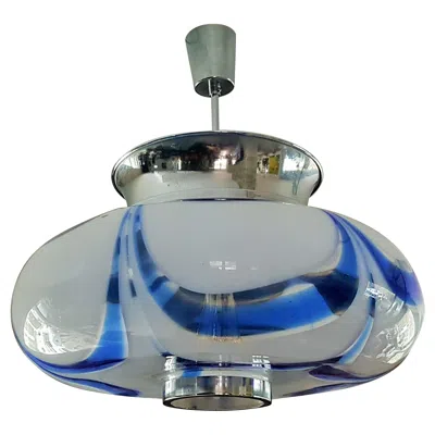 Pre-owned Carlo Nason Mid-century Mazzega Blue Glass And Chrome Chandelier, Pendant, Italy 1960