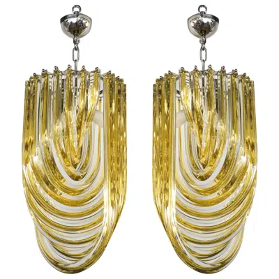 Pre-owned Carlo Nason Mid-century Modern Amber Two Murano Glass Curve Chandelier, 1984 In Brown