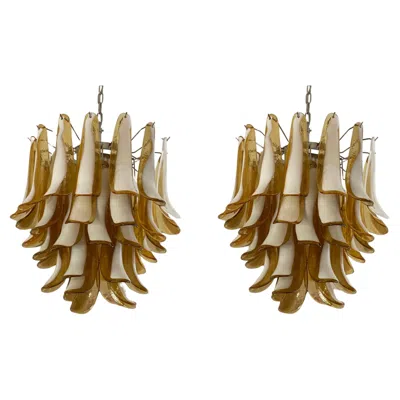 Pre-owned Carlo Nason Pair Of Bold Eclectic Colorful Murano Chandeliers In Amber Tone In Brown