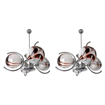 Pre-owned Carlo Nason Pair Of Italian Murano Nason Mazzega Amber Art Glass Modernist Chrome Chandelier In Brown
