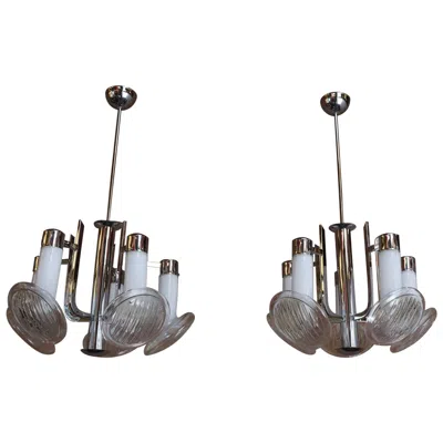 Pre-owned Carlo Nason Pair Of Vintage Italian "headlight" Chandeliers By  For Mazzega In Transparent