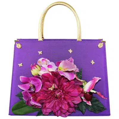 Pre-owned Carlo Zini Contemporary Women's Floral Textile Bag With Gold Accents In Purple