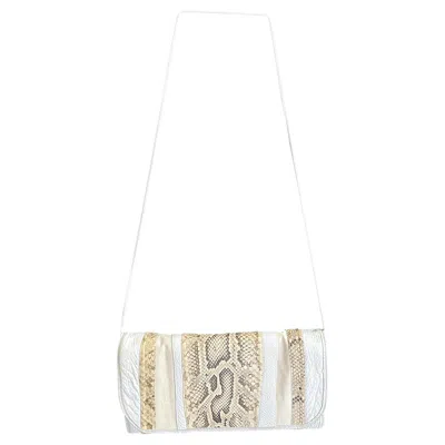 Pre-owned Carlos Falchi 1980s  Xl Python Snakeskin White Taupe Vintage Shoulder Bag Clutch