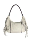 Carlos Falchi Large Fringe Top Grain Leather Hobo Shoulder Bag In White