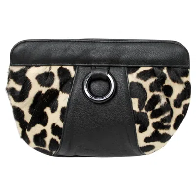 Pre-owned Carlos Falchi Leopard Print Calf Hair Hinged Vintage Crossbody Clutch In Black
