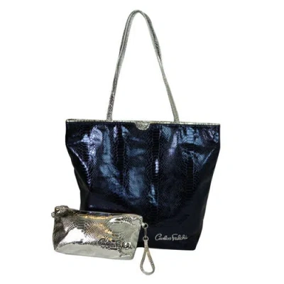 Carlos Falchi Microfiber Python Tote In Navy