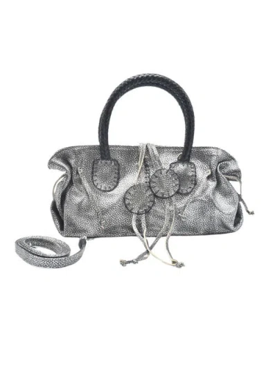 Carlos Falchi Mini Satchel Top Grain Leather Bag In Silver