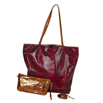 Carlos Falchi Women's Microfiber Python Tote - Maroon W/ Orange Gold Pouch In Eed/orange/yellow