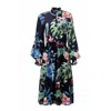 Carloslines Women's Black Front Neck Tie Smocked Waist Long Sleeve Midi Dress In Multi-colored Palms Print