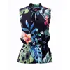 Carloslines Women's Black Front Neck Tie Smocked Waist Sleeveless Top In Multi-colored Palms Print
