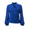 Carloslines Women's Blue Draped Mock Neck Long Sleeve Shirt In Cobalt Solid In Blue