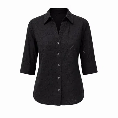 Carloslines Women's Embroidered Cotton V-neck Short Sleeve Shirt Blouse In Black Solid