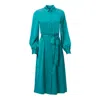 Carloslines Women's Green Button Down Long Sleeve Shirt Dress Emerald Solid