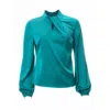 Carloslines Women's Green Draped Mock Neck Long Sleeve Shirt In Emerald Solid In Green