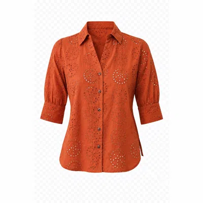 Carloslines Women's Orange Embroidered Cotton V-neck Short Sleeve Shirt Blouse In Rust Solid In Red